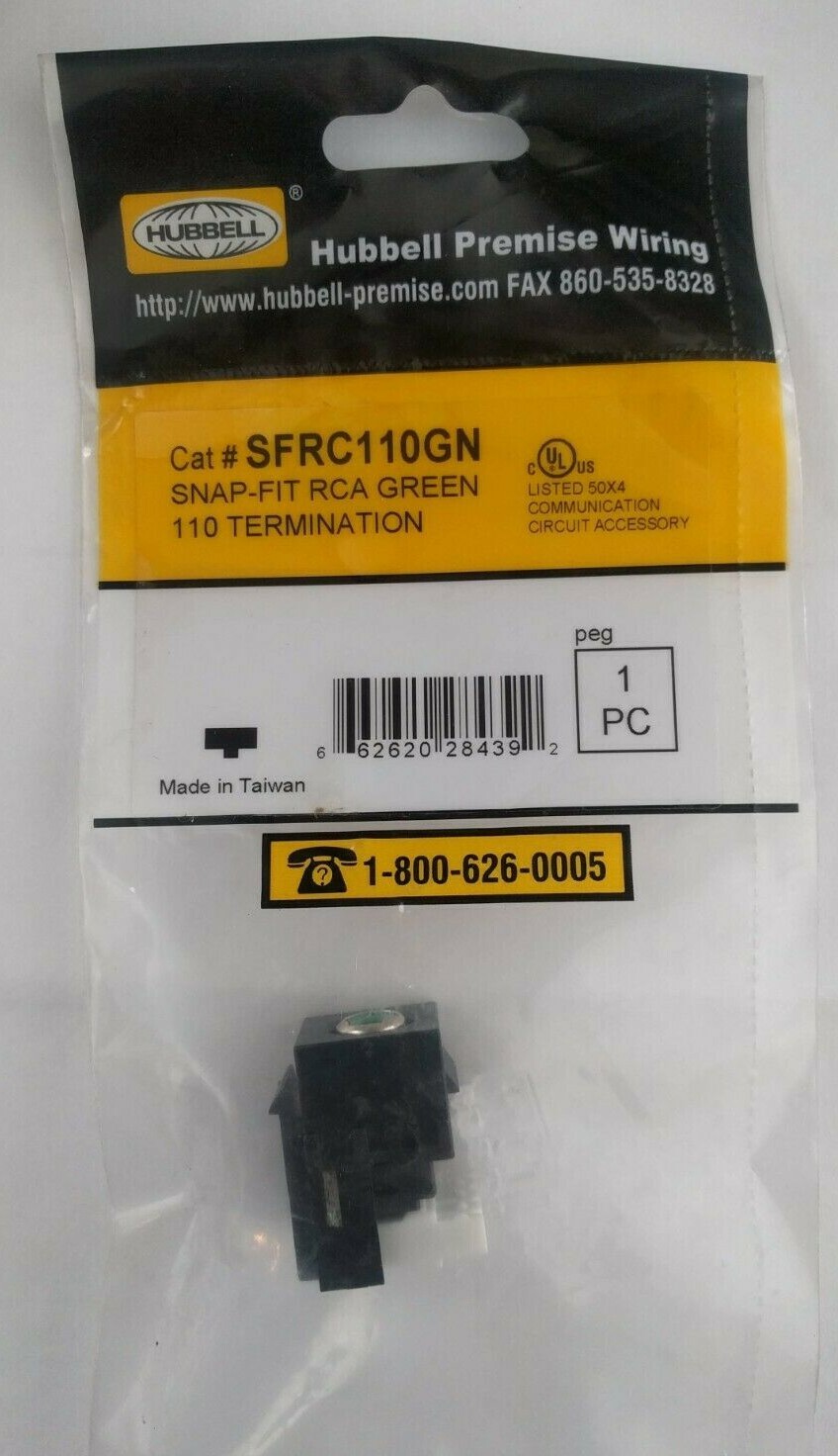 HUBBELL SFRC110GN iSTATION Green Insulator Snap Fit RCA Connector - Blk Housing