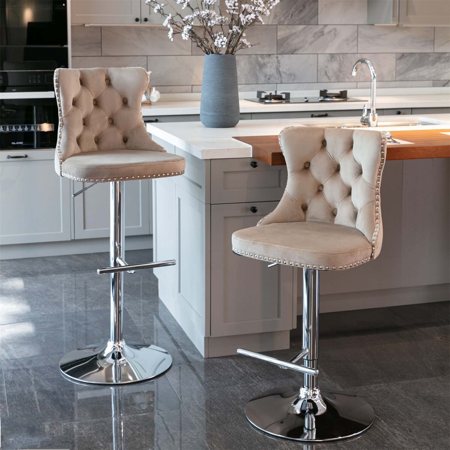 2PCS Velvet Bar Stools Counter Height Adjustable Kitchen Dining Chair US