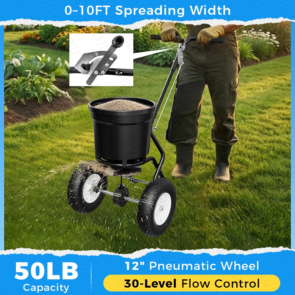 50 lb Broadcast Spreader Push Lawn Seeder Fertilizer Ice Melt Spreader Adjustabl