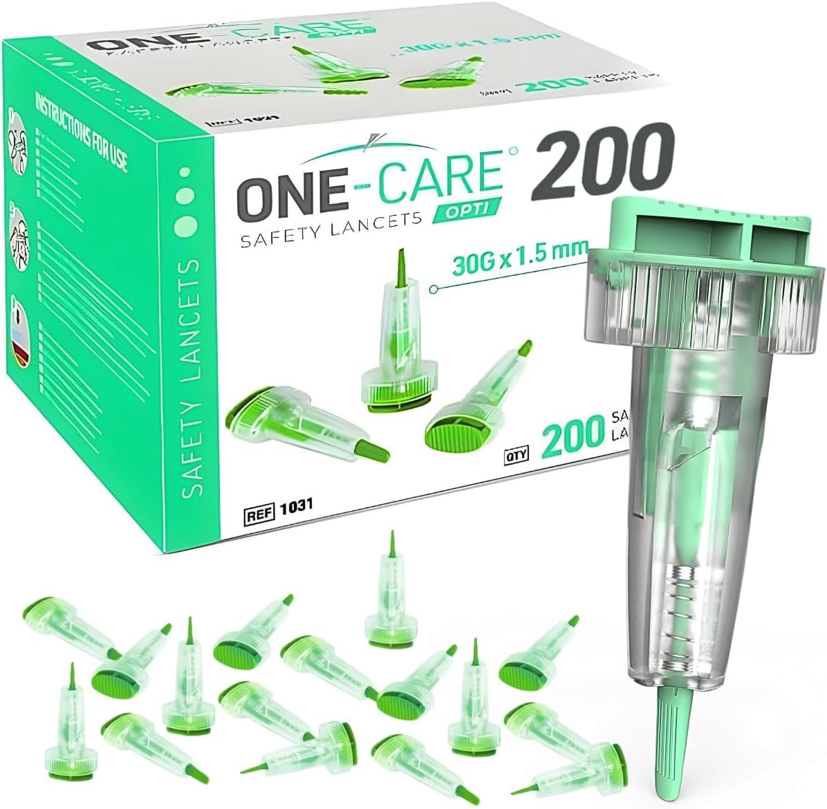 200 Count: ONE-CARE Opti Safety Lancets, Top Button Activated, 30G x 1.5mm