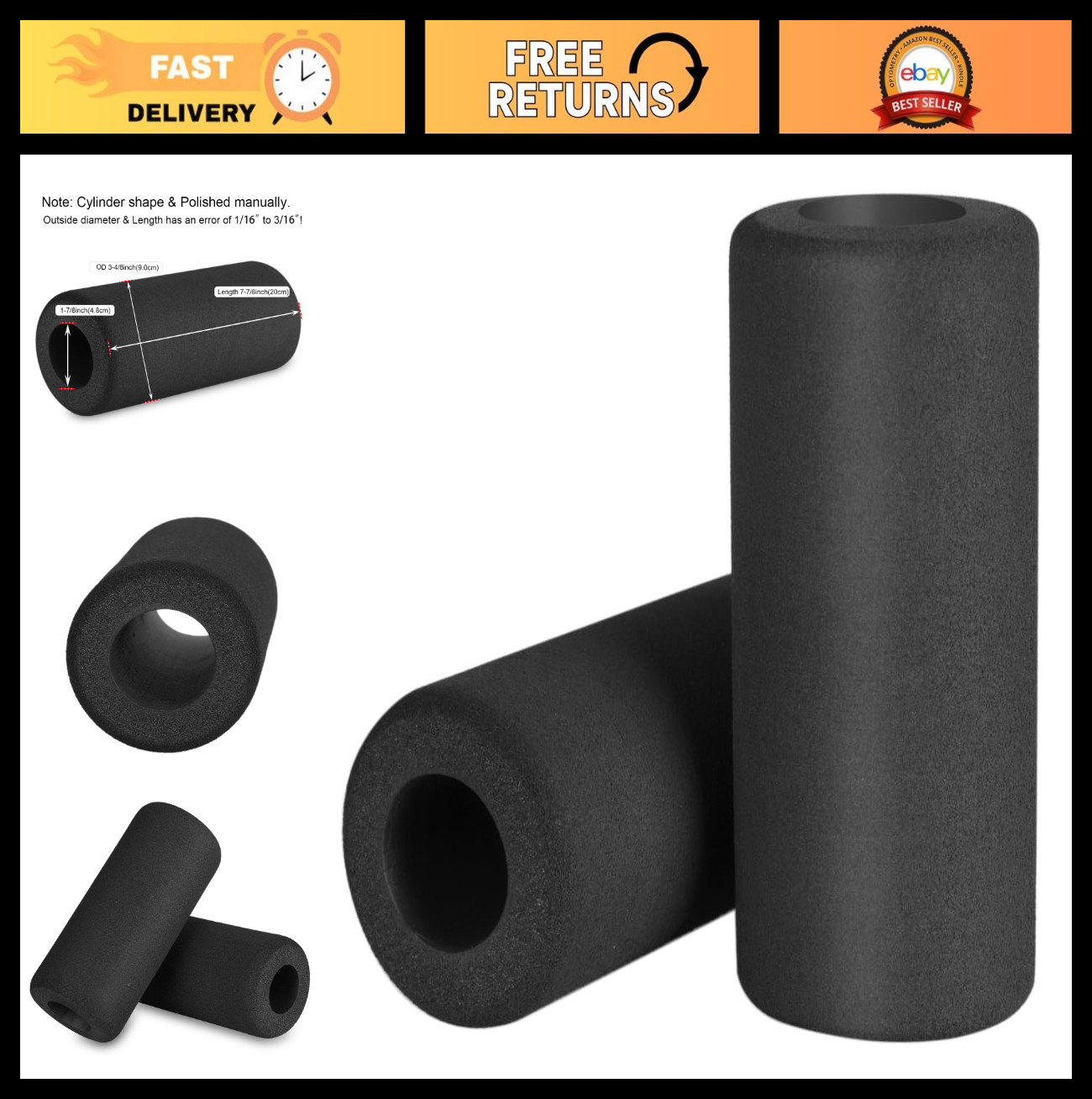 Sponge Foam Foot Pad Rollers for Gym Equipment - 2" Rod Replacement, 7.875" x 3.