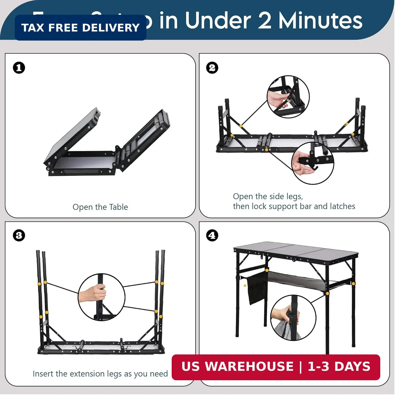 Folding Camping Table with 3 Adjustable Height, 3ft Foldable Aluminum Cam