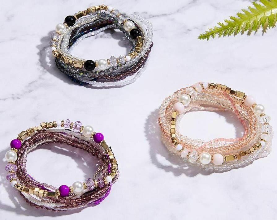 Bracelet Set, Crystal Seed Beads, Boho, 9pc, Purple