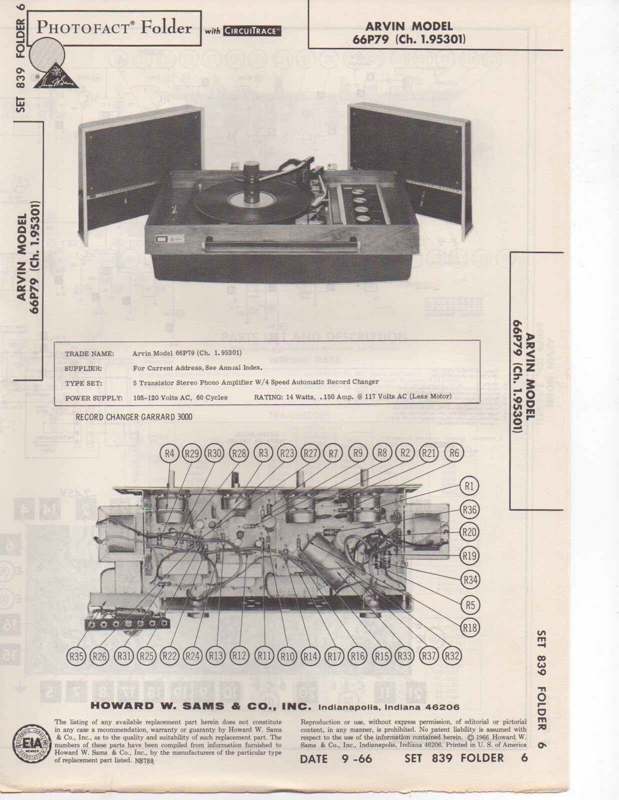1966 ARVIN 66P79 1.95301 RECORD PLAYER AMPLIFIER SERVICE MANUAL PHOTOFACT REPAIR