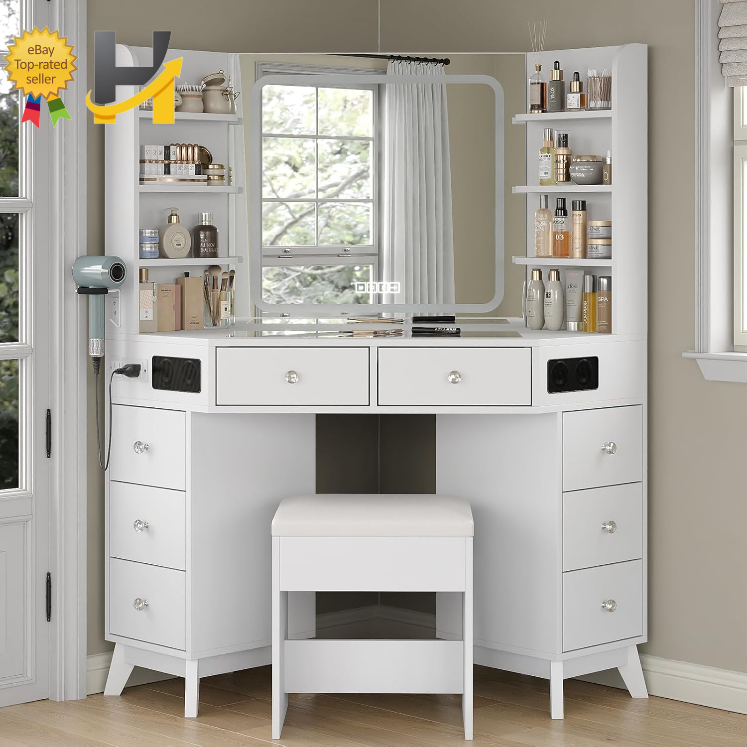 Corner Vanity Desk with Buil-In Speaker 8 Drawers & 6 Shelves Makeup Vanity with