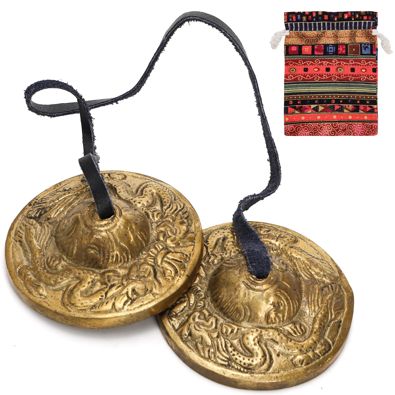 Meditation Chime Bells, 6.3 cm Dragon Embossed Tibetan Tingsha Cymbals with D...