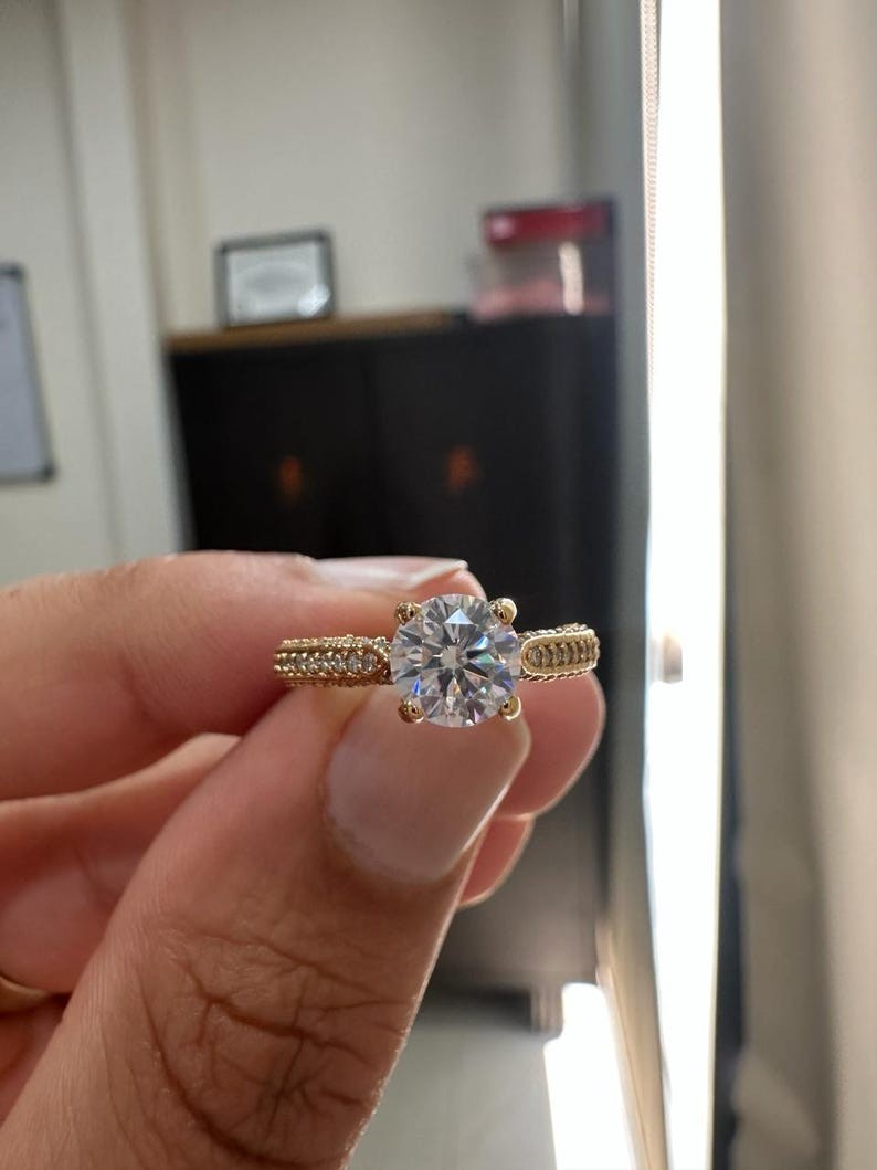 Round Cut Moissanite Engagement Ring Vintage Style Promise Ring Anniversary Gift
