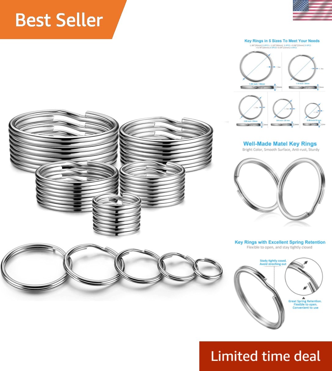 Durable Metal Key Rings - 1/2 to 1.38 Inch Assortment for Crafts & Collars