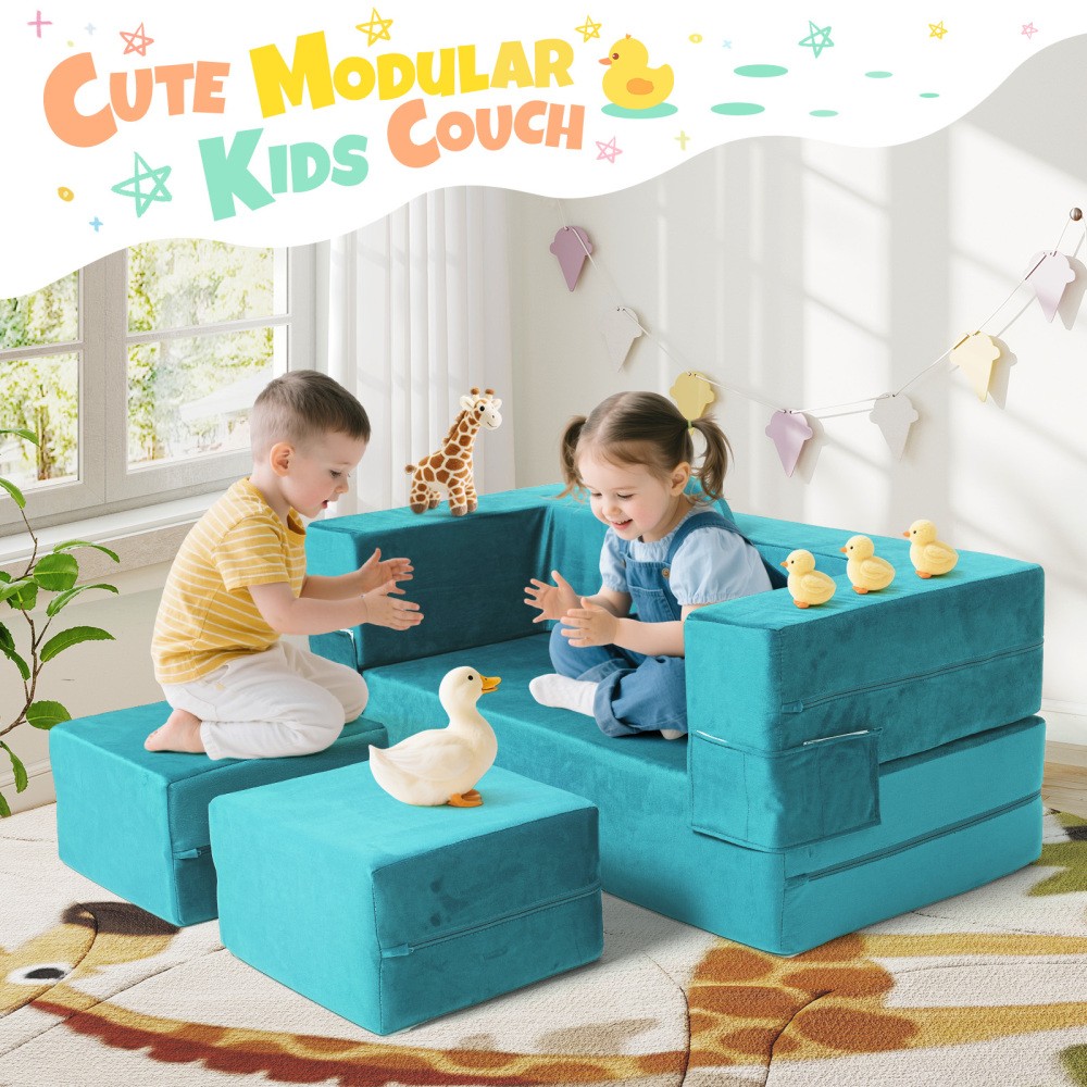 Kids Modular Play Couch, Foldable Velvet Foam Sofa & Convertible Toddler Fort