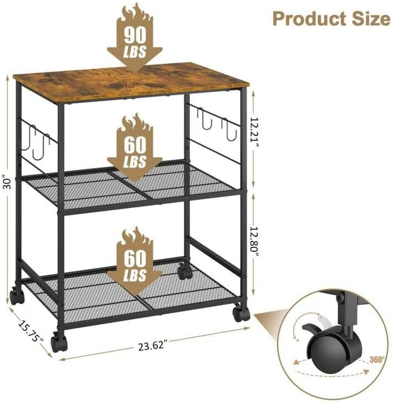 Rolling Kitchen Microwave Cart, 3 Tier Microwave Table Stand with Storage, Kitch