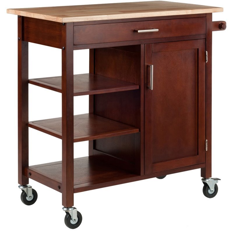 Pemberly Row 34.61"H Transitional Solid Wood Kitchen Cart in Walnut/Natural