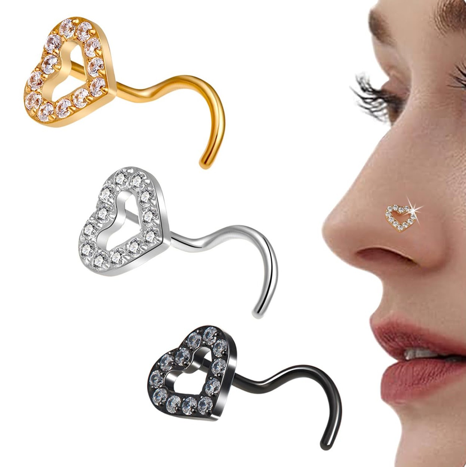 20G Nose Studs for Women. Delicate Heart-Shaped CZ Nose Studs Hypoallergenic ...