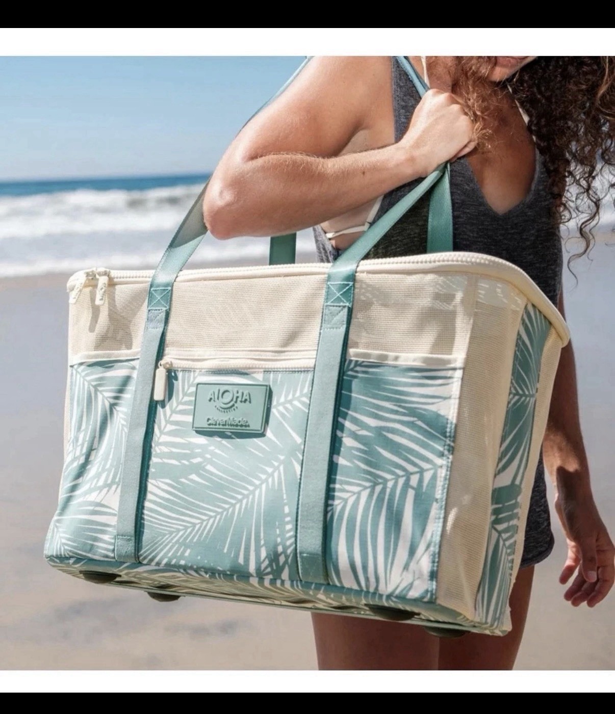 Aloha Collection CleverMade Collapsible Beach Tote Bag Teal Palm Leaf Print NEW