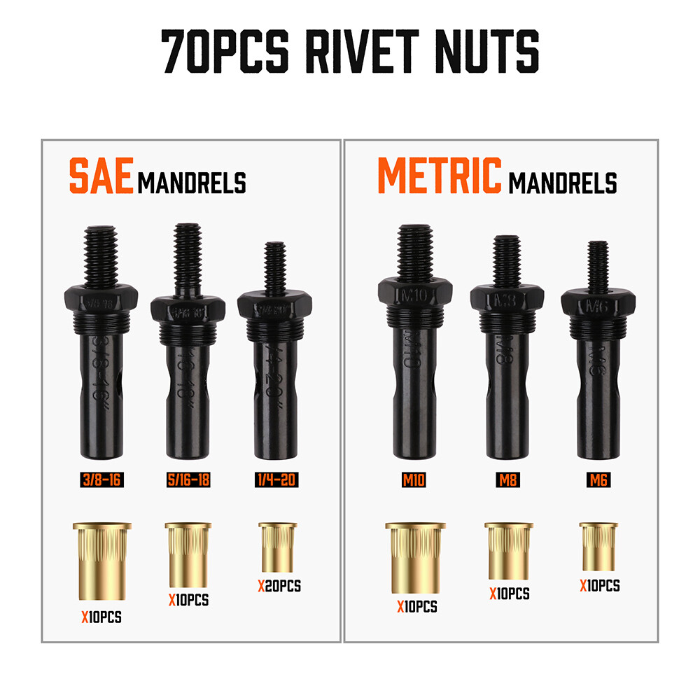80pc Hand Riviter Nut Gun Tool Metric SAE Heavy Duty 7 Mandrels 70 Rivet Nuts