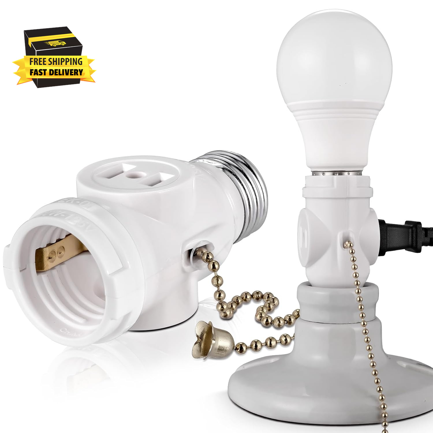 2-Pack E26 Light Socket Adapter - Converts Medium Screw Socket to Two Outlets wi