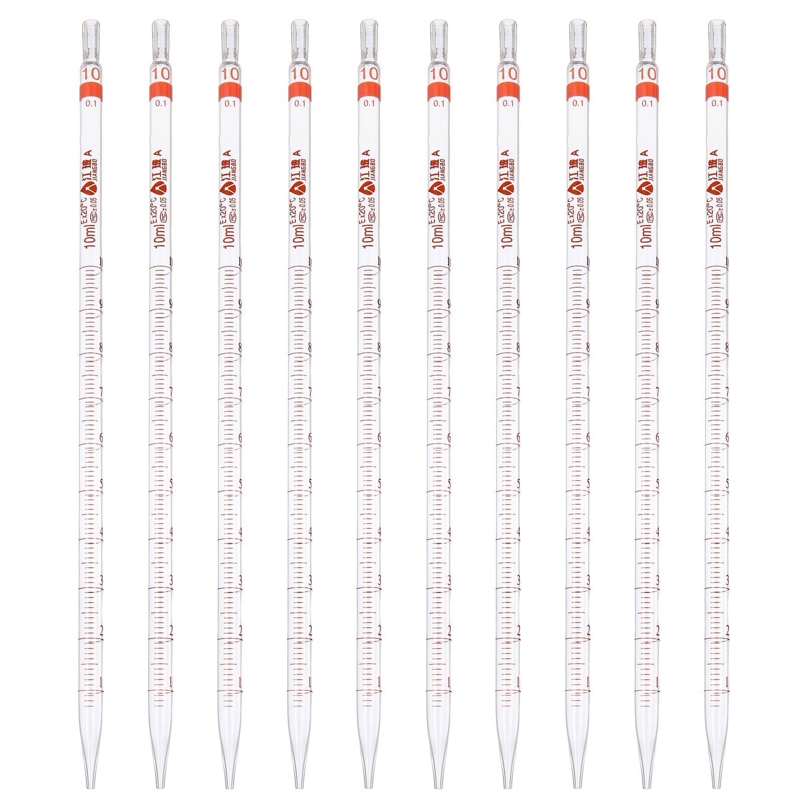 10Pcs 10ml Glass Graduated Pipettes +/- 0.05 Tolerance with Color-Coded, Clear