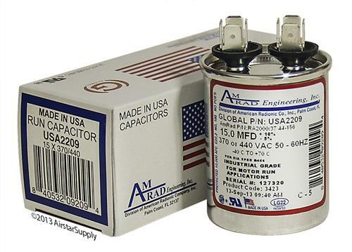 15 MFD x 370 / 440 VAC Round Run Capacitor AmRad USA2209 - Made in the USA