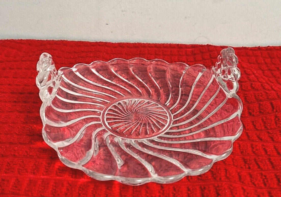 Fostoria Colony Clear Swirl Glass HANDLED Bon Bon Dish 6.25" x 5.5"