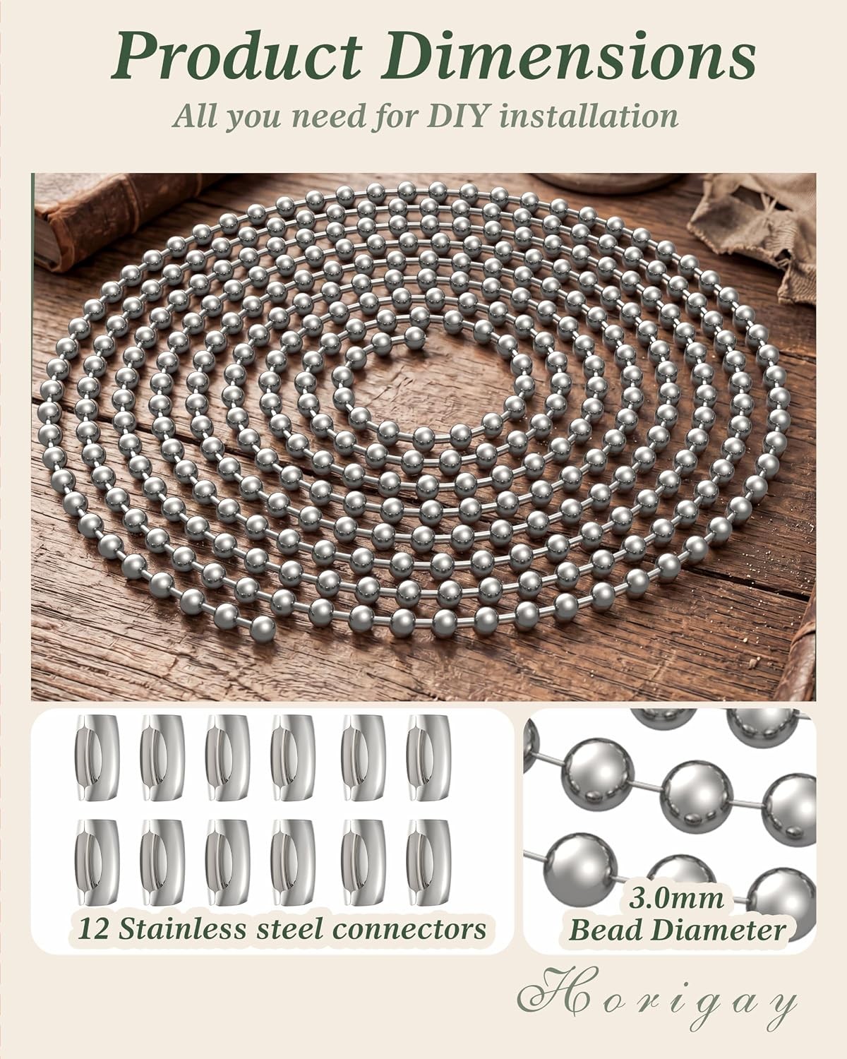 120-Inch Extra Long Ceiling Fan Pull Chain Extender, Premium Ball Chain with 12