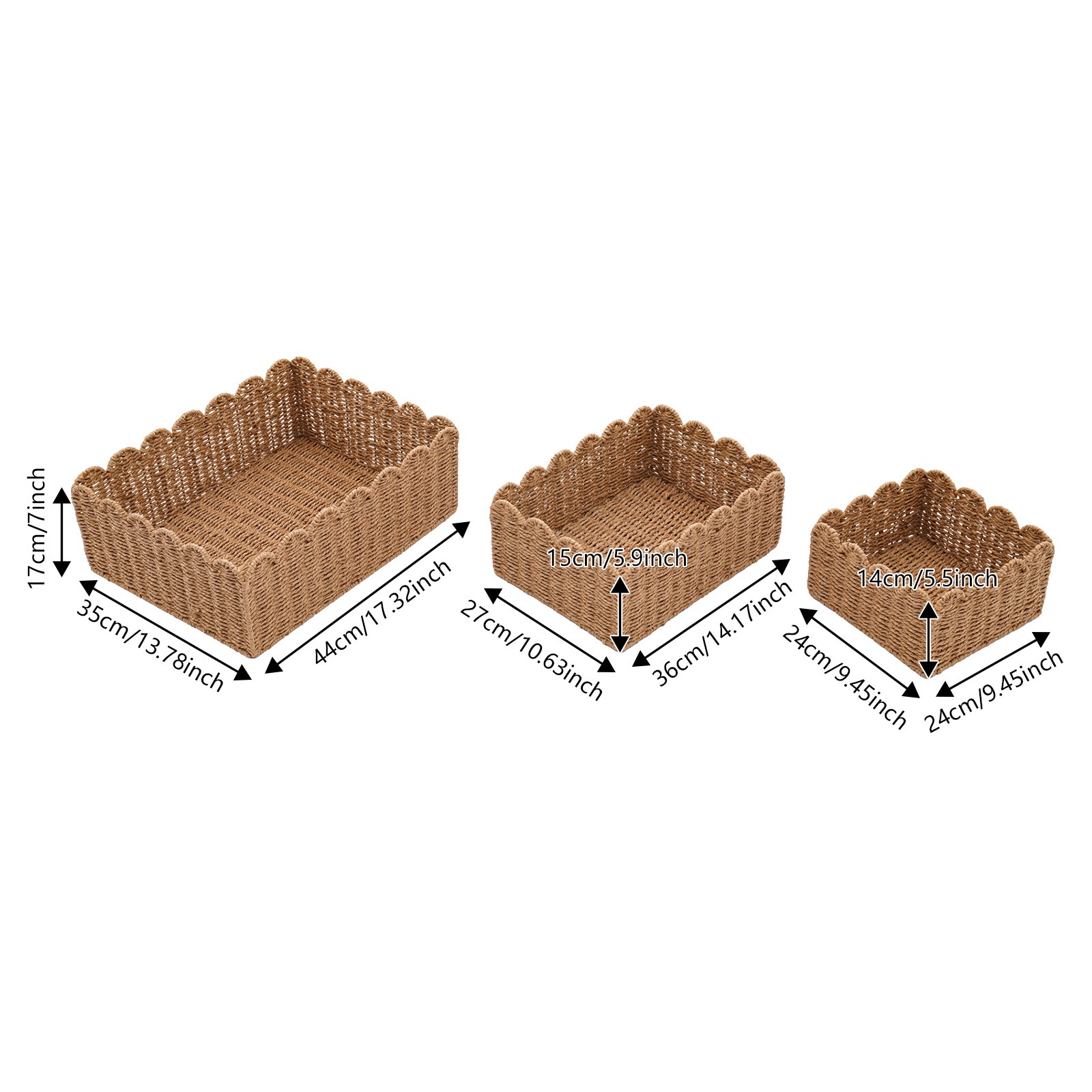 3-Piece Woven Storage Baskets Set Brown Rectangular Baskets for Desktop Organize