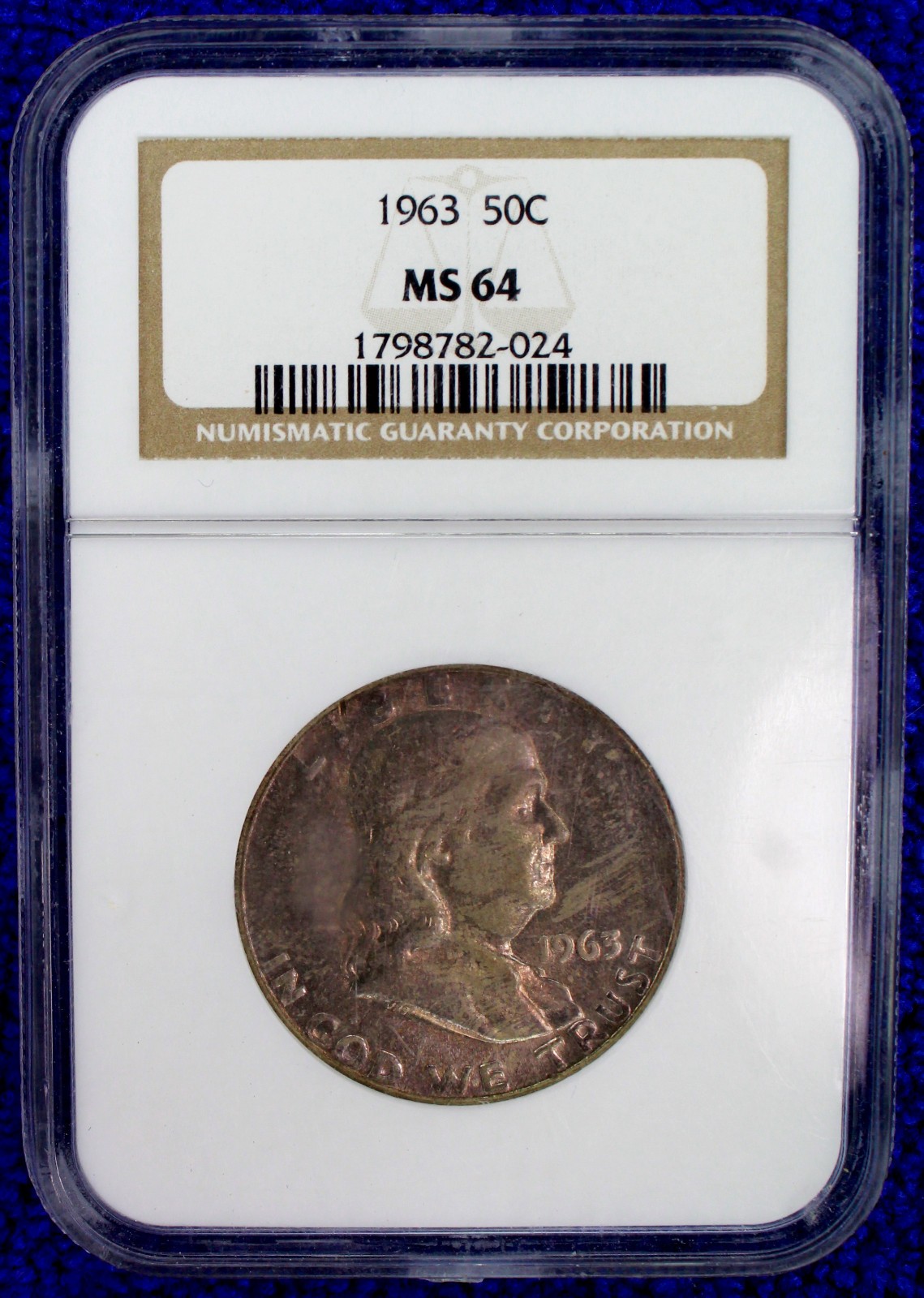 1963 50c NGC MS64 Franklin Half w/ Toned Obv & Blast White Rev 90% Silver 2-024