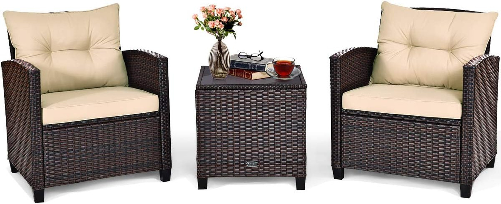 3 Pieces Patio Furniture Set, PE Rattan Wicker 3 Pcs Outdoor Sofa Set W/Washable