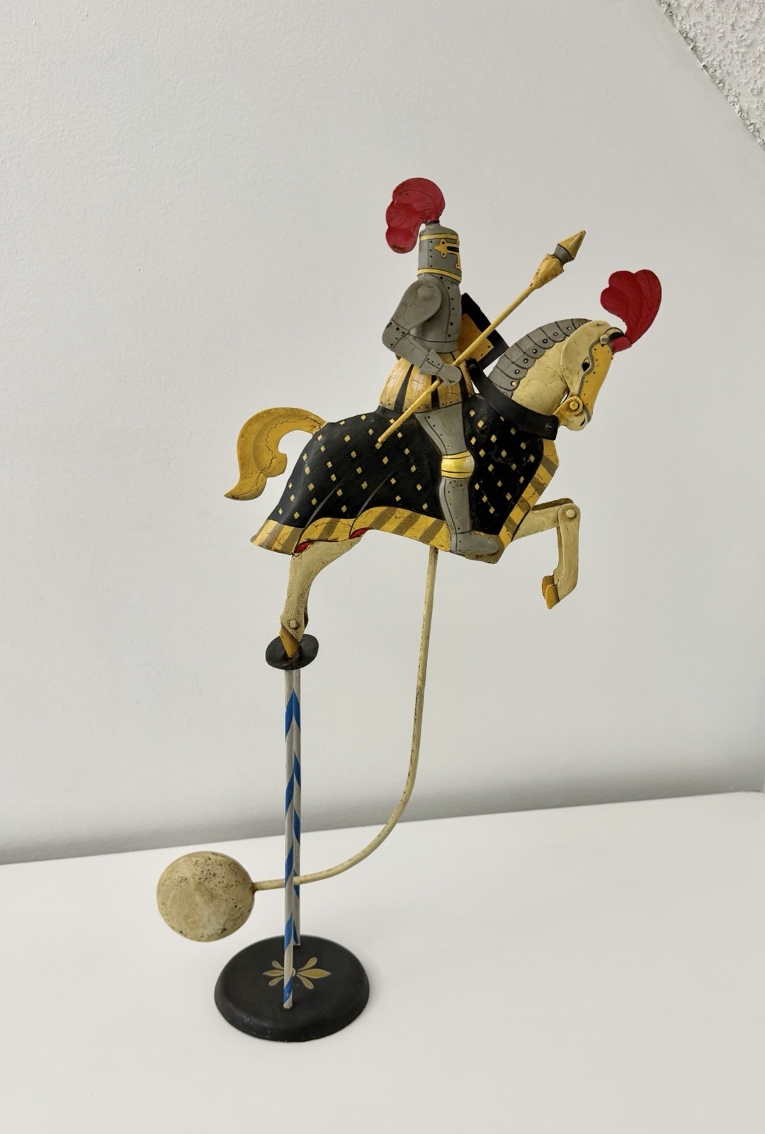 Medieval Knight On A Horse Sky Hook Teeter Totter 20.5" Tin Balance Folk Art Toy