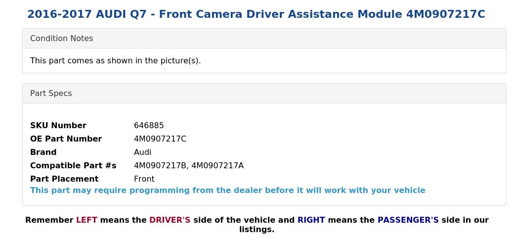 2016-2017 AUDI Q7 - Front Camera Driver Assistance Module 4M0907217C