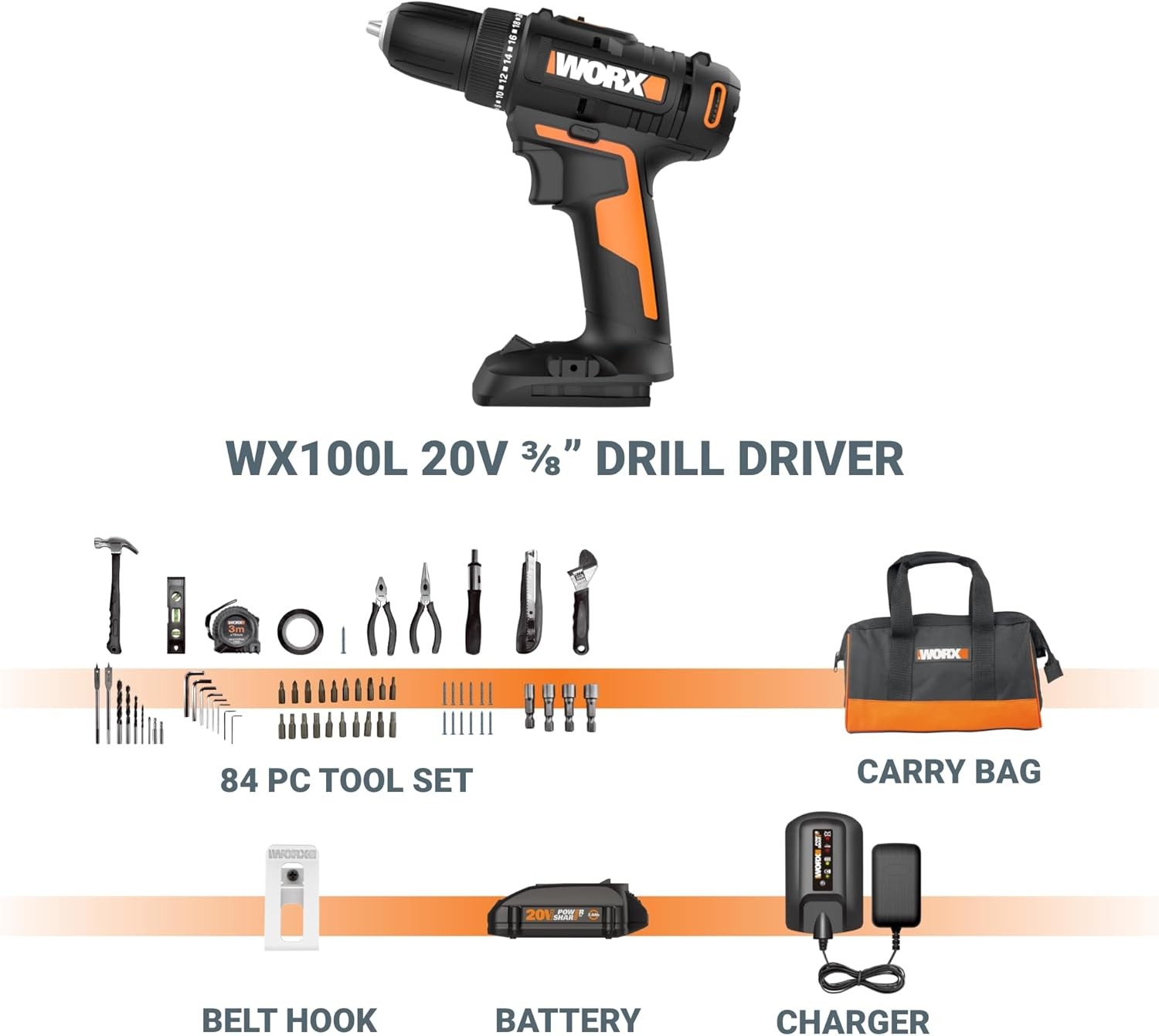 84pc 20V Cordless Drill Driver Variable 2-Speed, 265 In-Lbs Torque, Lightweight