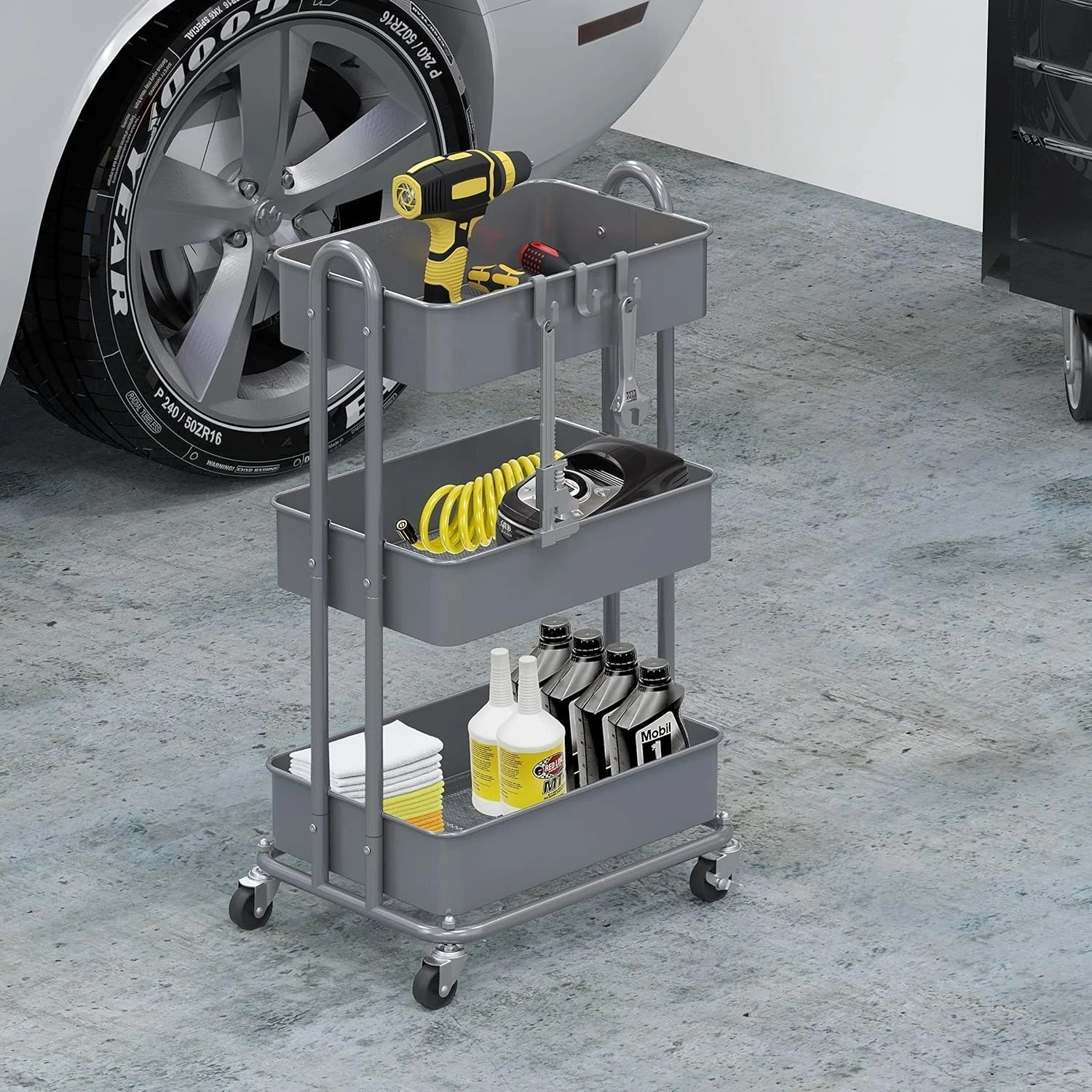 3-Tier Heavy Duty Metal Utility Rolling Cart, Silver