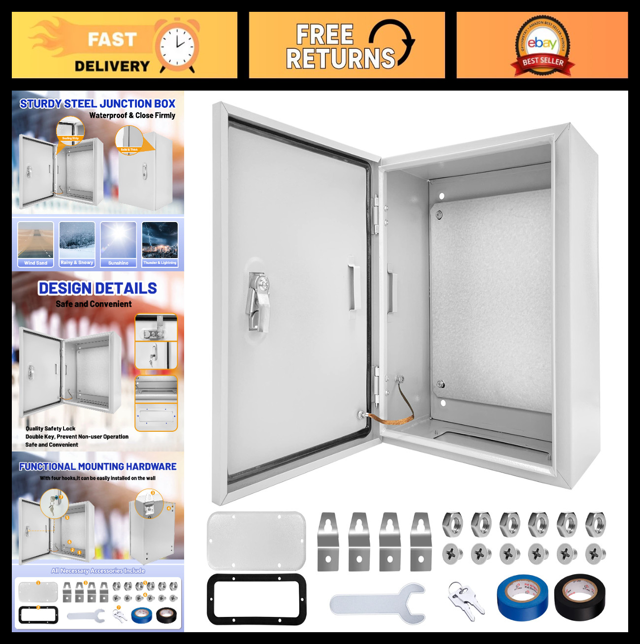 NEMA 4X Steel Junction Box 12x10x6, IP66 Waterproof Enclosure, Lockable, Rustpro