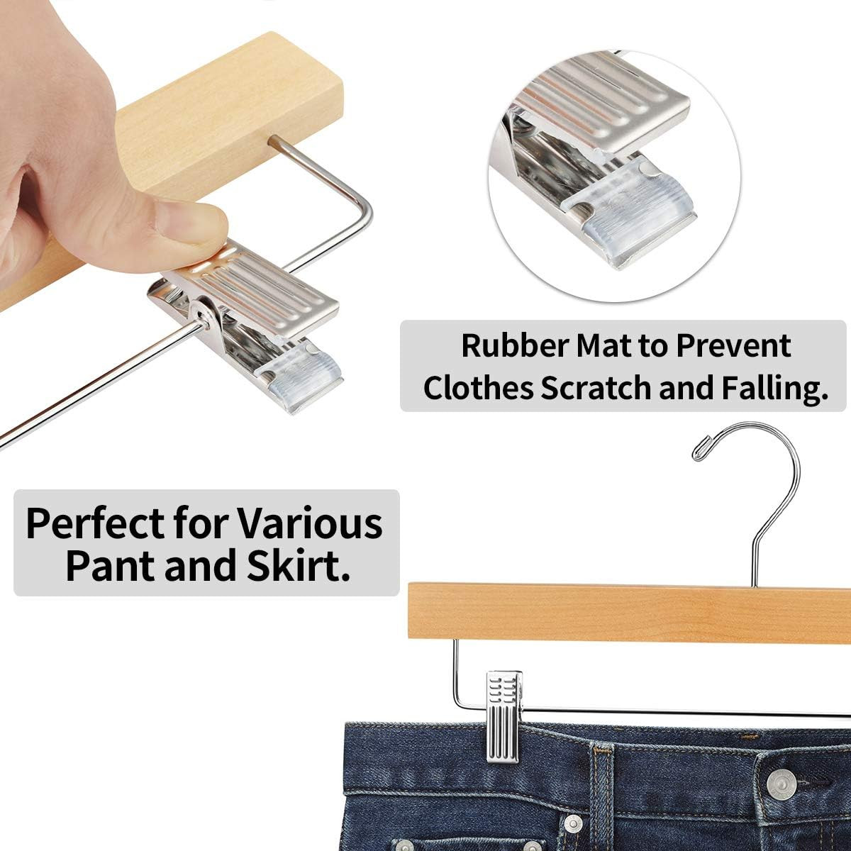 20Pcs Wooden Pants Hangers Solid Pants Hanger with Adjustable Clips 14 Inch N...