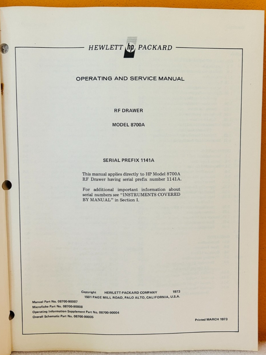 HP Agilent 08700-90007 RF Drawer 8700A Operating Information Service Manual.