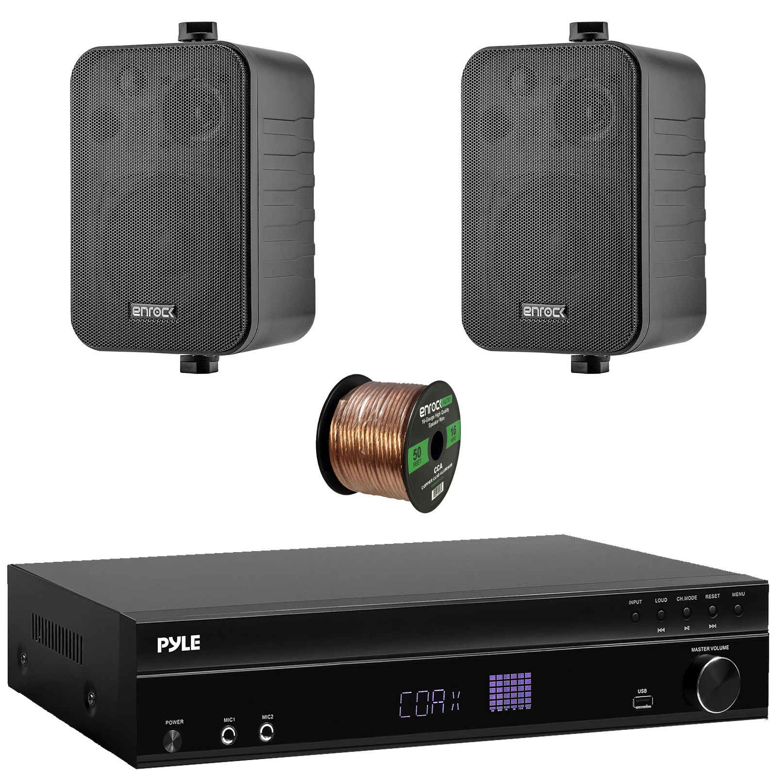 Pyle PT875BT Karaoke Echo Amp Receiver, 2x 4" 30W Indoor/Outdoor Speakers, Wire