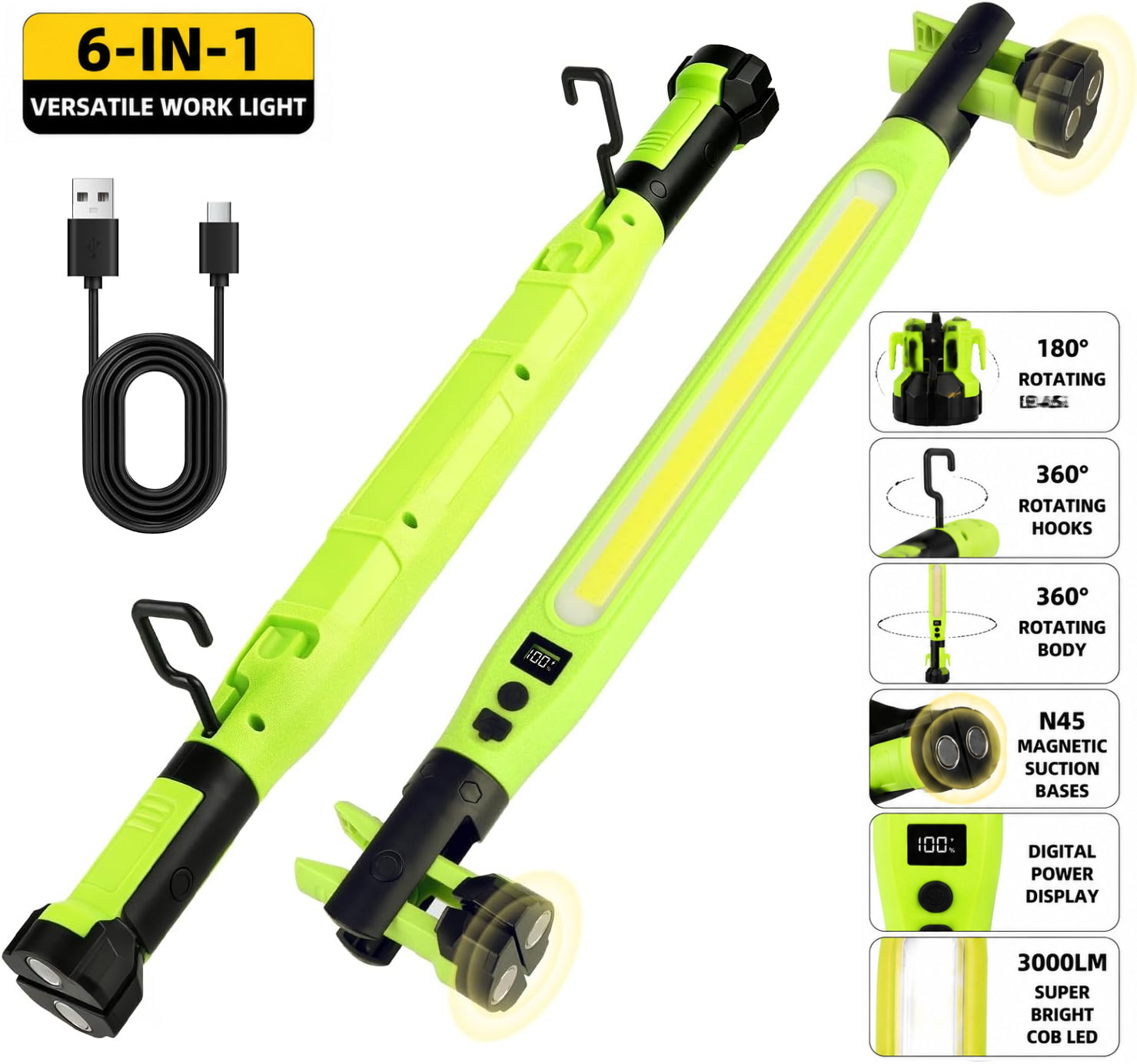 3000LM Rechargeable LED Work Light 525mm Magnetic Under Hood Light Bar with Hook