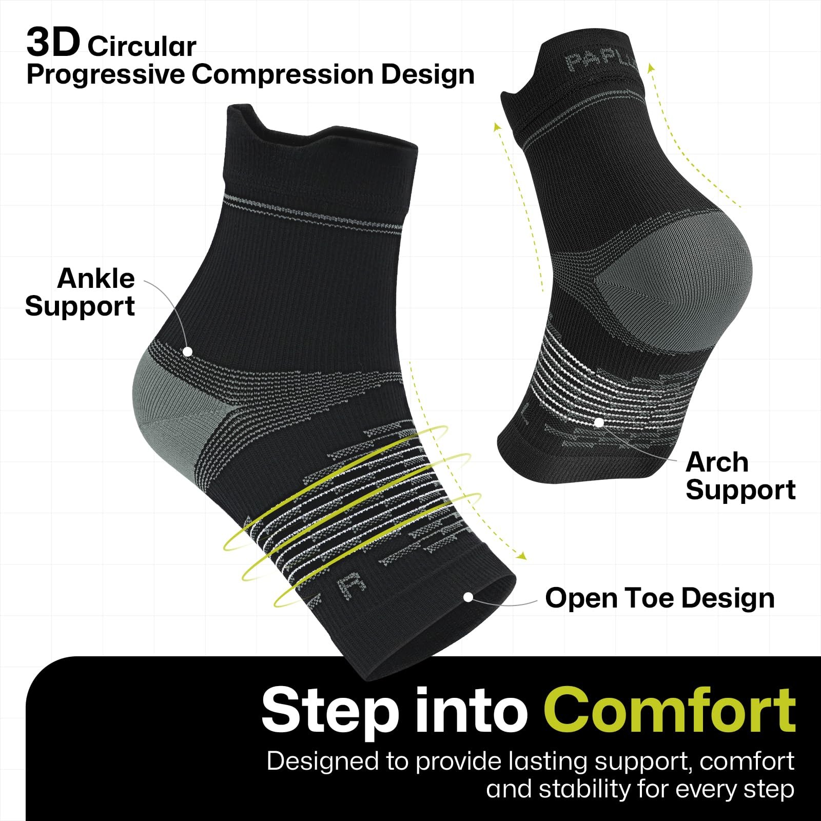 PAPLUS 3 Pairs Ankle Compression Socks Arch Support Sleeve Unisex