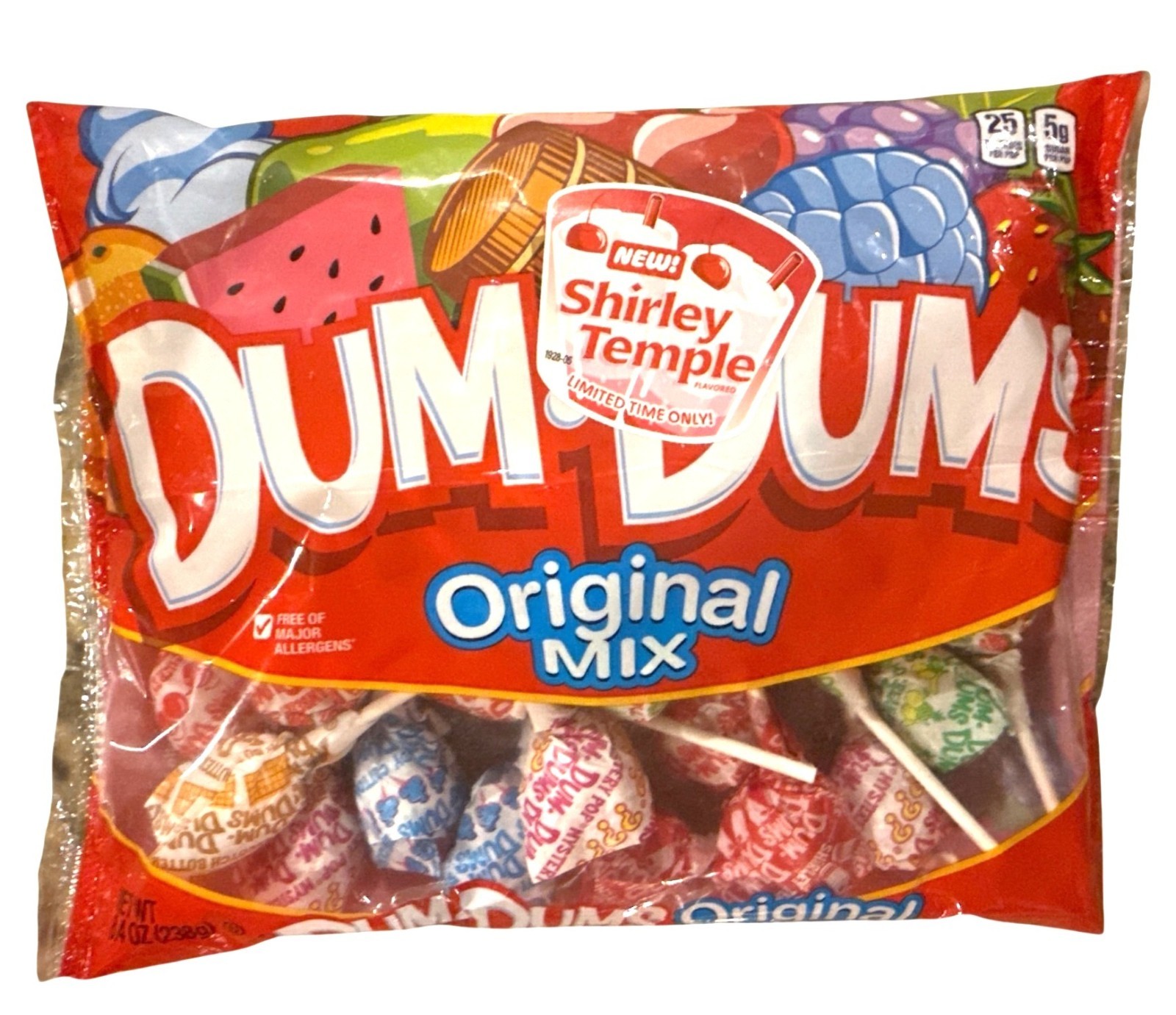 8.4oz Dum Dums Original Mix Lollipops Bag w/SHIRLEY TEMPLE FLAVOR Lmtd. Ed. Pops