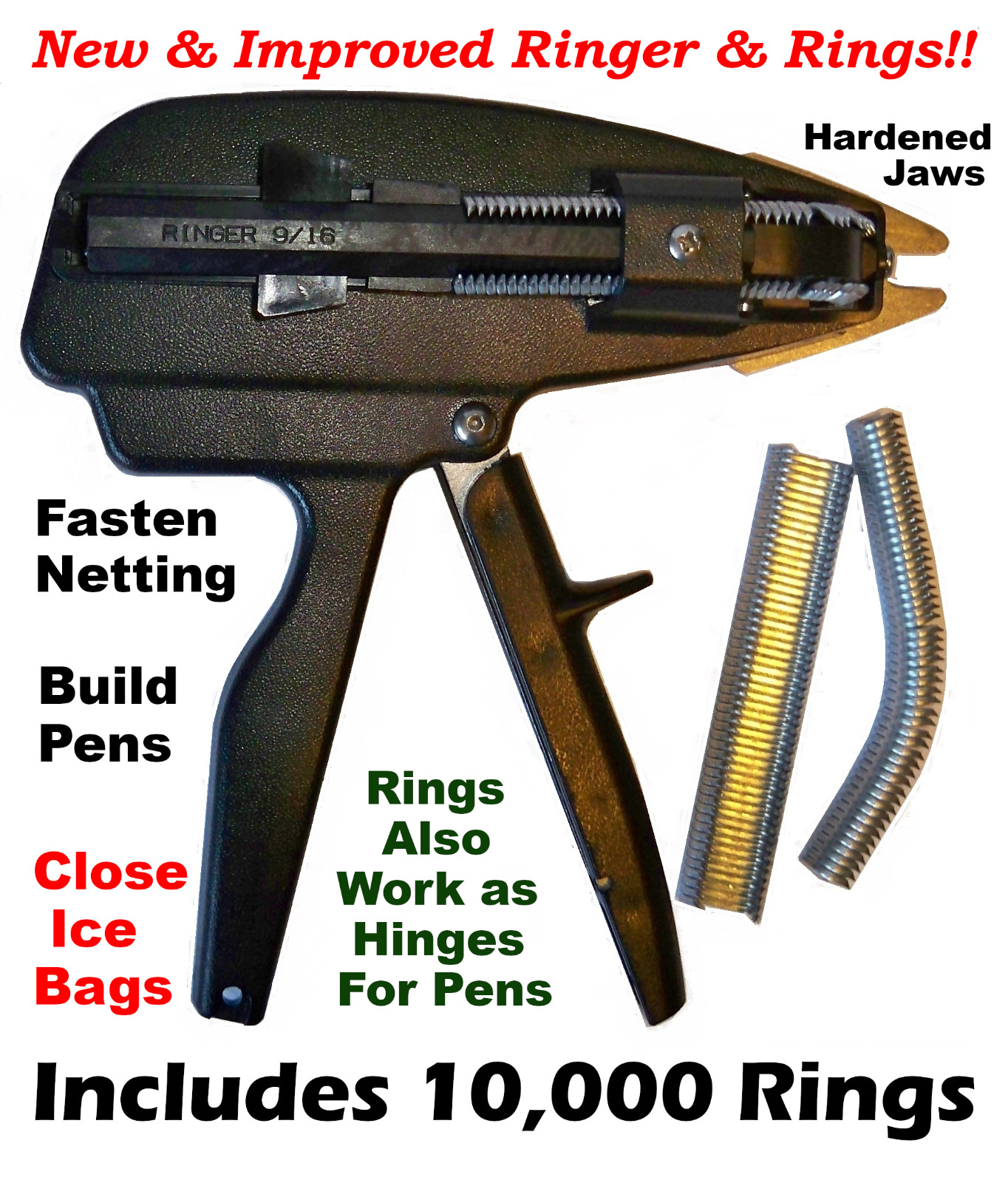 Hog Ringer and 10,000 Sharp Galvanized 9/16" Hog Rings for Ringer Gun