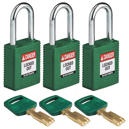 Brady Nyl-Grn-38St-Ka3pk Lockout Padlock, Keyed Alike, Nylon, Green, 1 1/2 In
