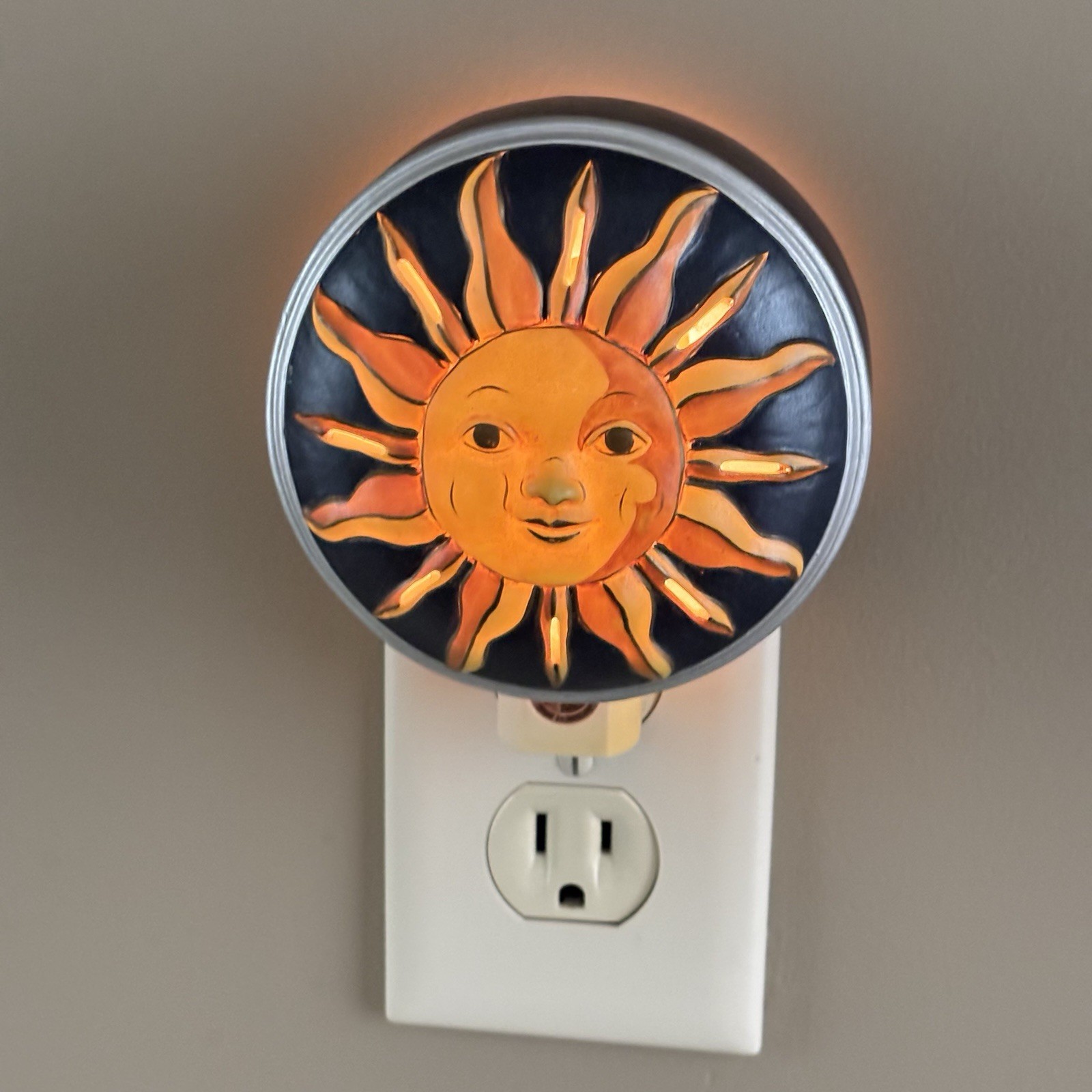 Celestial Nightlight Sun-Face Navy Blue And Gold Hues 4” Vintage EUC WORKS