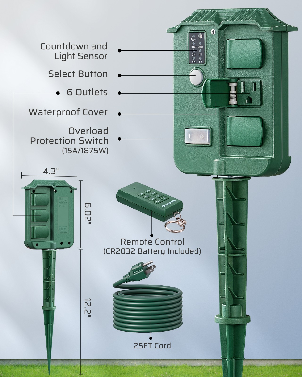 DEWENWILS Outdoor Power Stake Timer, 25FT Extension Cord, 100FT Range Remote