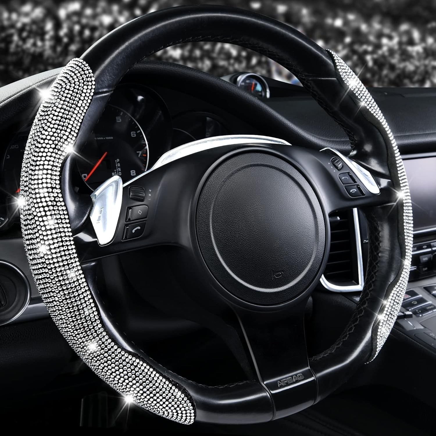 Silver Bling Diamond Steering Wheel Cover 2PCS CAR PASS Non-Slip Universal