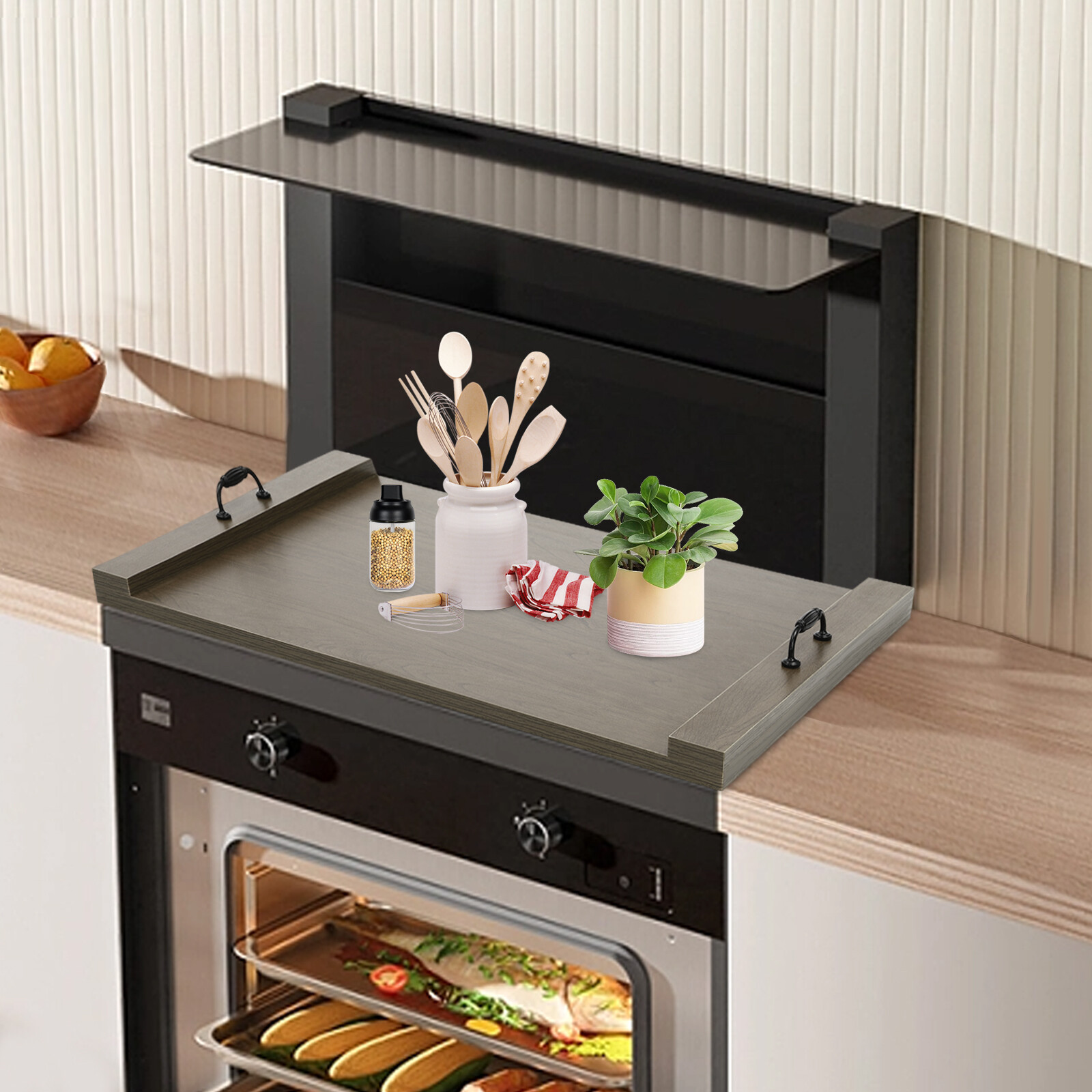 Electric stove top cover, gas stove top acacia wood noodle board (gray)