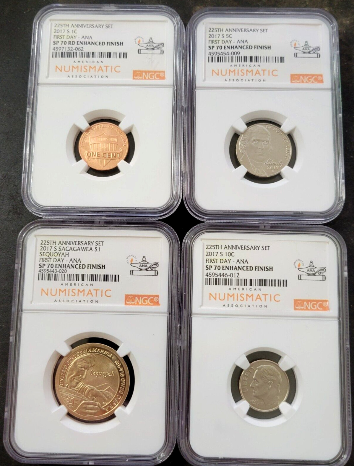 2017 S 225TH ANNIVERSARY 4 COINS Set NGC SP70 FIRST DAY ANA Enhanced FINISH