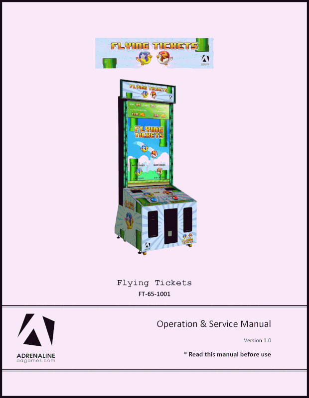 Flying Tickets 65"Coin Arcade Game Operation/Service/Repair Manual Adrenaline UA