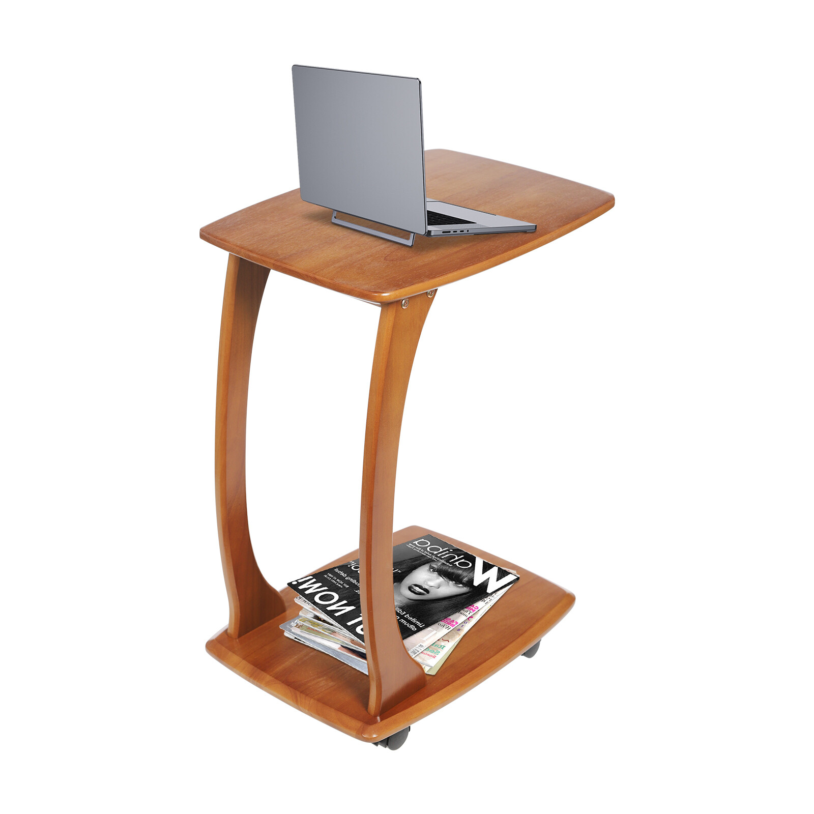 C-Shaped Side Table Floor Standing Solid Wood End Table With Wheels 24.8 inches