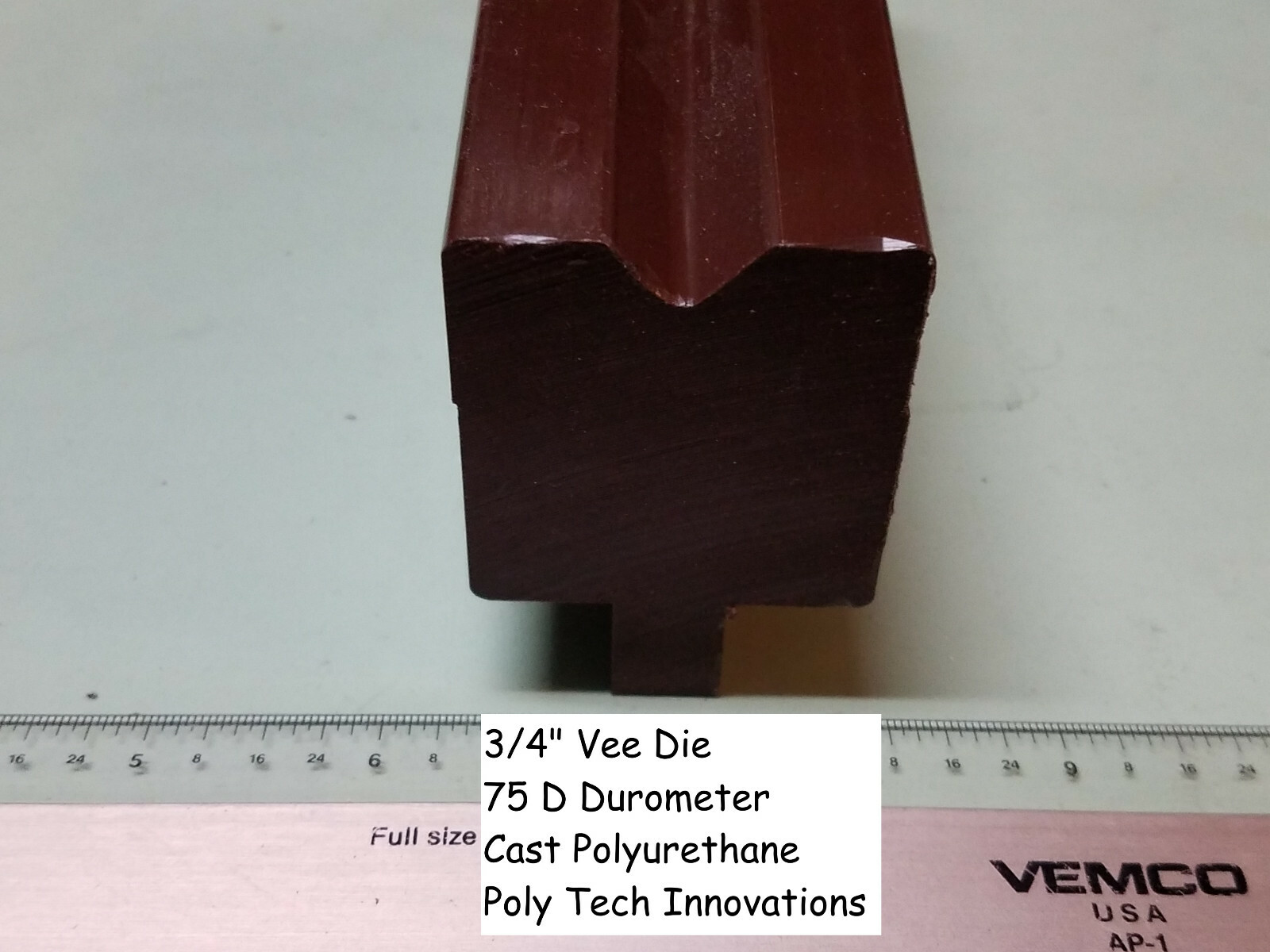 3/4" x 24" Long, Vee, 90 Degree, Polyurethane Press Brake Die, 75 D Durometer