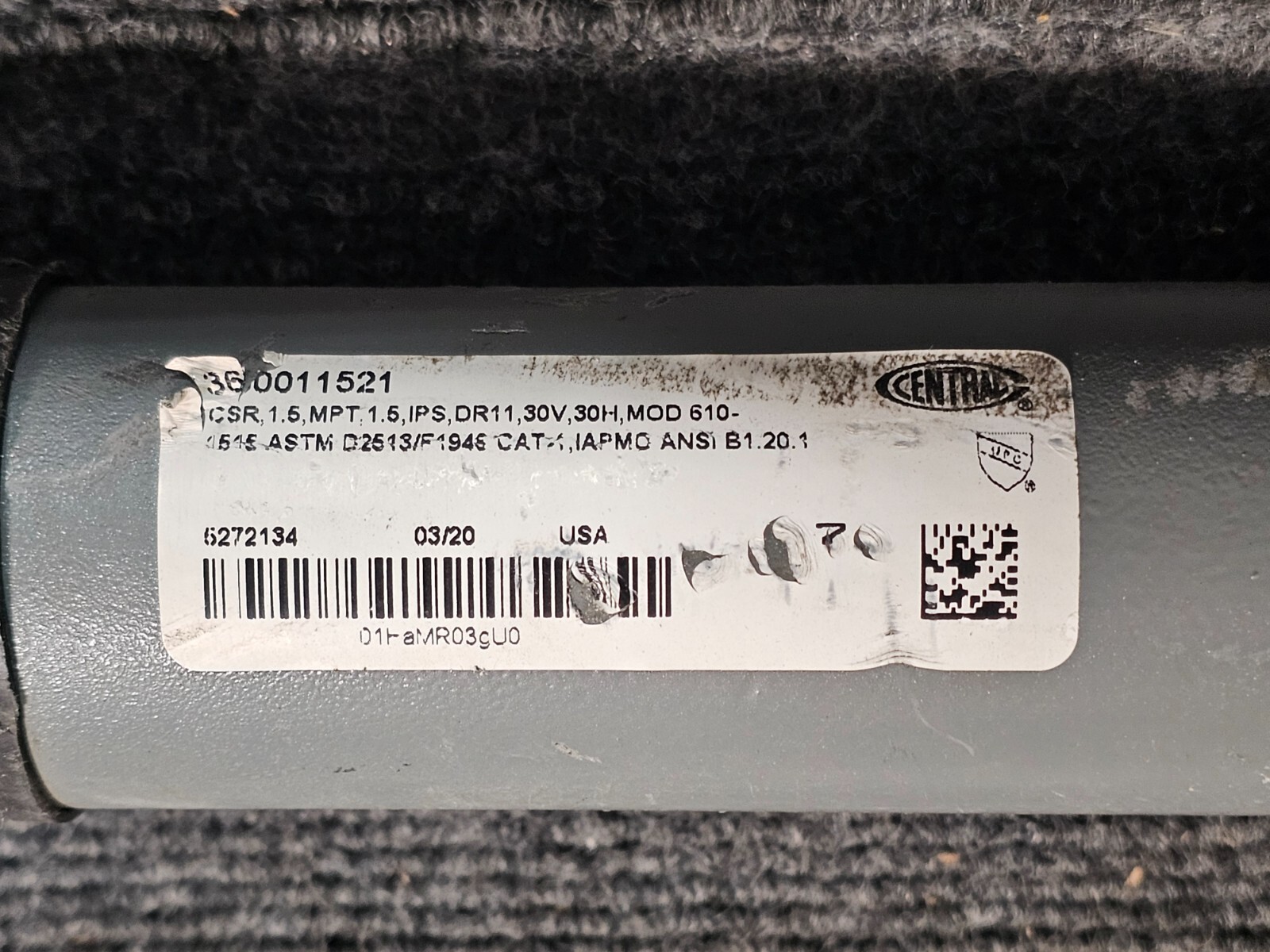 Central Plastics 360011521 1.5, IPS, DR11,D2513 Gas Compression Riser Gray