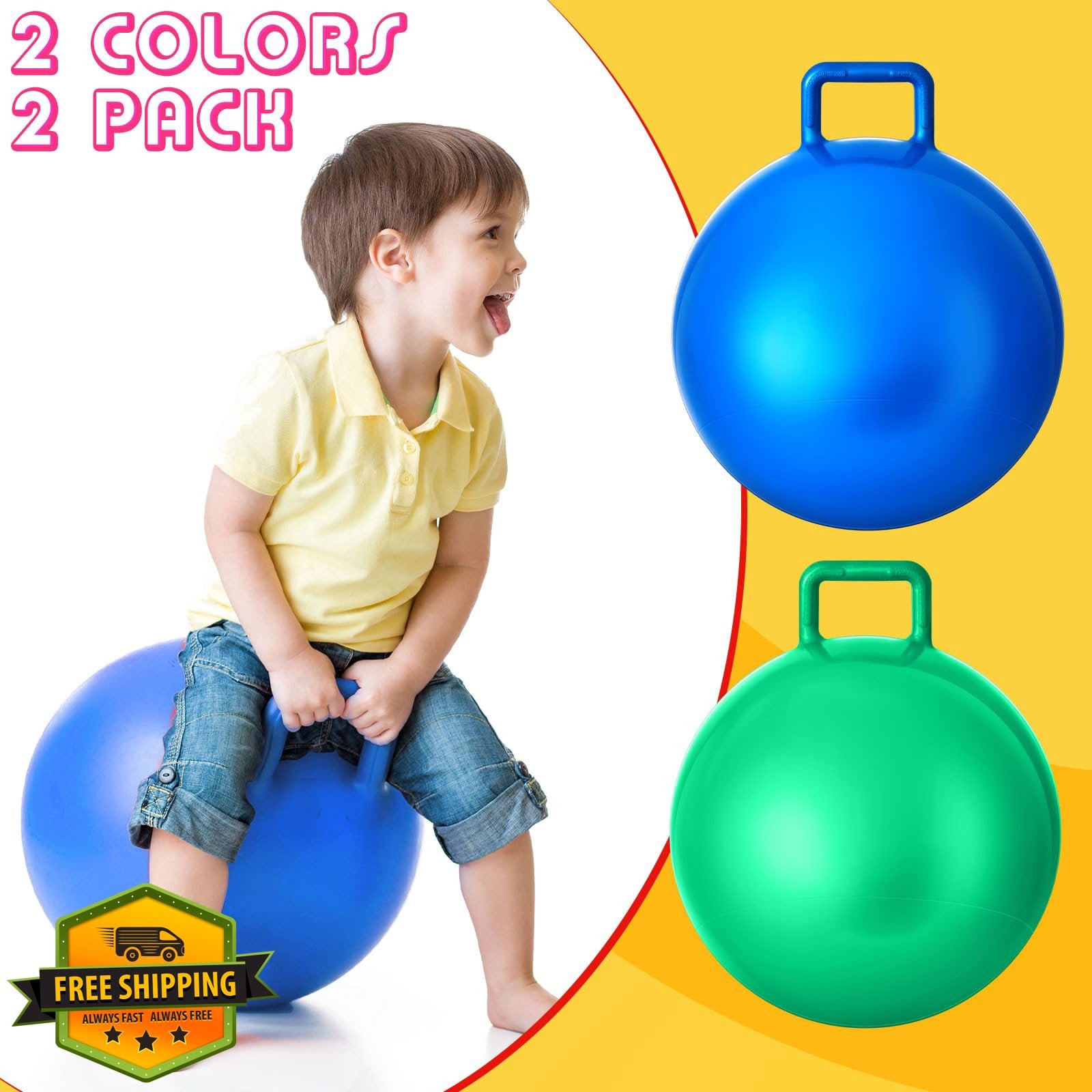 Lewtemi 2pc 22in Bouncing Ball with Handle Jumping Hopper Adults Blue Green