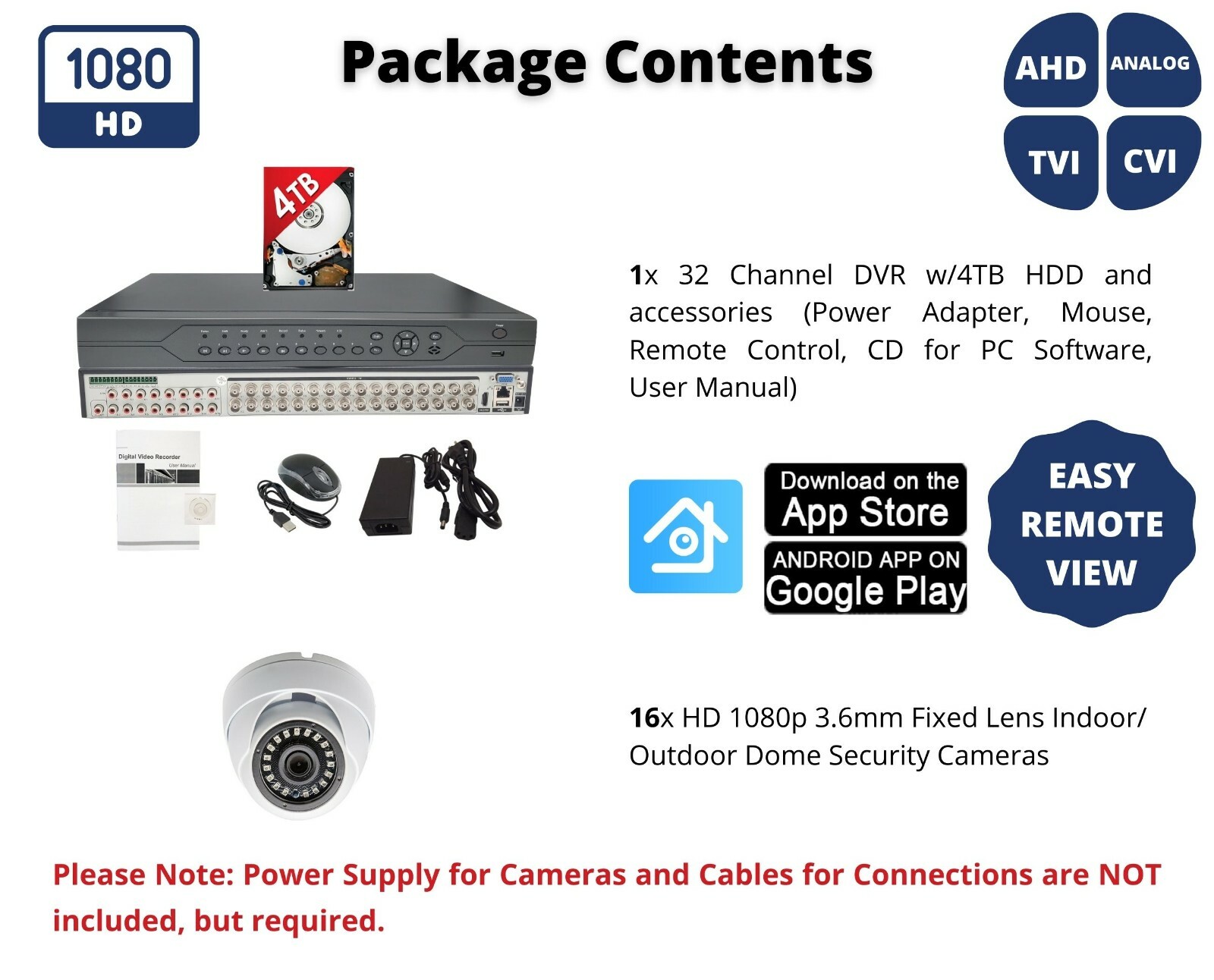 32Ch H.265 DVR Recorder 4TB Hard drive and 16 Security Camera System Remote View
